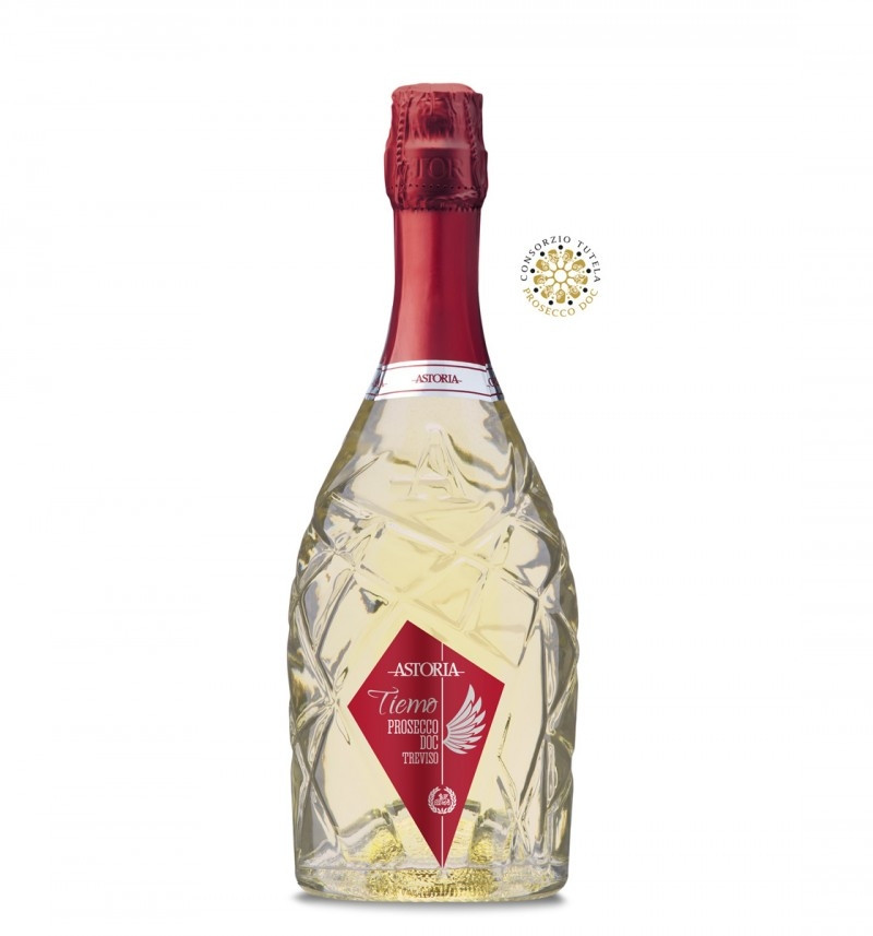 prozorna steklenica penečega vina astoria prosecco brut z rdečo etiketo