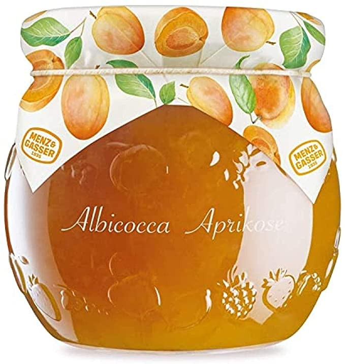 Kozarček marelične marmelade, na pokrovčku narisane marelice